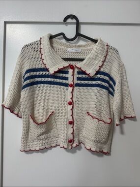Cream Collared Crochet Short-Sleeve Sweater with Navy Stripes